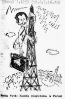 Kumba - razglednica iz Pariza - Avtorica karikature: Melita Vovk.
Objavljeno v: Naši razgledi, 27. 8. 1955.