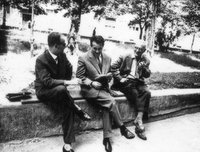 France Brenk, Filip Kumbatovič Kalan, Janez Jerman - Ob ustanovitvenem kongresu FIRT, Benetke - Burano, 1957. AIU je bila tedaj edina jugoslovanska članica.