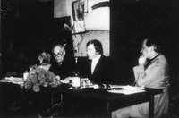Homo mensura  - 11. mednarodno pisateljsko srečanje (PEN). Bled, 15.-20. maj 1978.
Na sliki: Bogdan Pogačnik, Marc Alyn, Filip Kumbatovič Kalan.
Foto: Claude Argelier