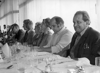 Razstava Goldoni na slovenskem odru - Otvoritev razstave: Mestna galerija Portorož, september 1972. Skrajno desno: Marin, Kumbatovič.
